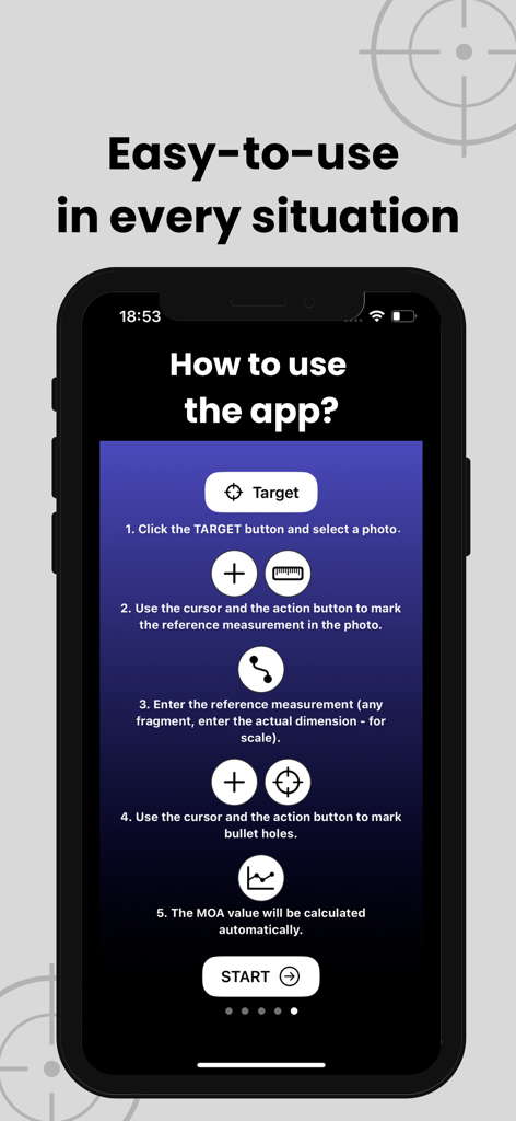 Una pantalla que muestra el proceso de cinco pasos para calcular la precisión de tiro MOA usando la aplicación MOA RangeR