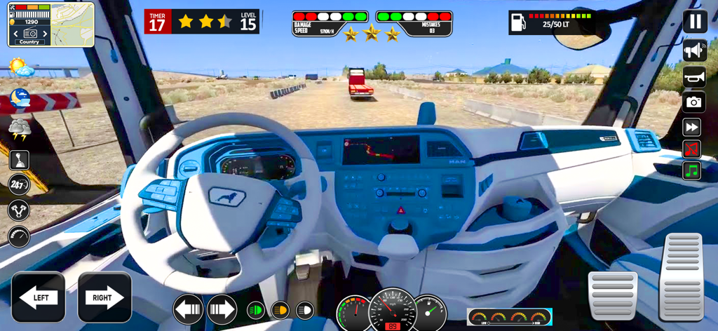 American Truck Cargo Transport - Vista interior en primera persona de la cabina de un camión con salpicadero y volante detallados en American Truck Cargo Transport.