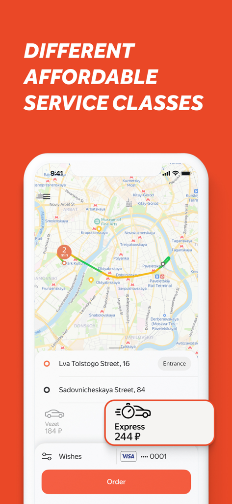 Vezet — order taxis - Écran de l'application de taxi Vezet montrant les options de service économique et express avec une carte et un itinéraire à Moscou