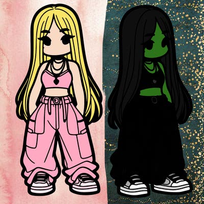 girl in baggy pants crop top and long hair