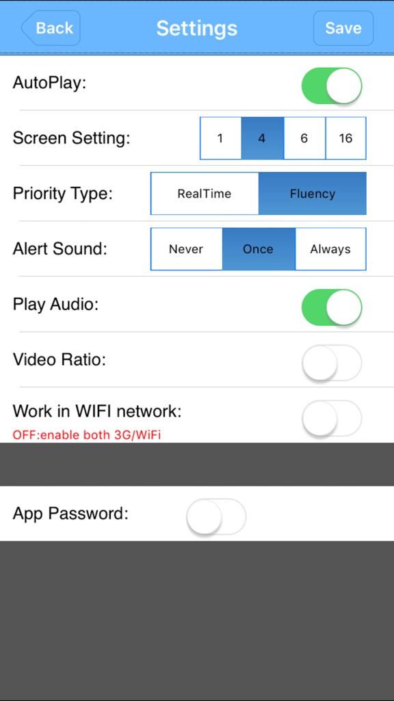 vMEyeCloud - Einstellungs-Interface der vMEyeCloud Surveillance App mit Video- und Alarmoptionen