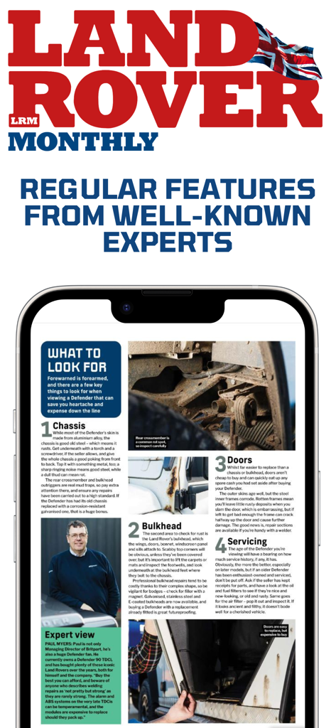 Land Rover Monthly - Land Rover Monthlyアプリに、車両点検に関する専門家のアドバイスを含む技術メンテナンスガイドが表示されています。