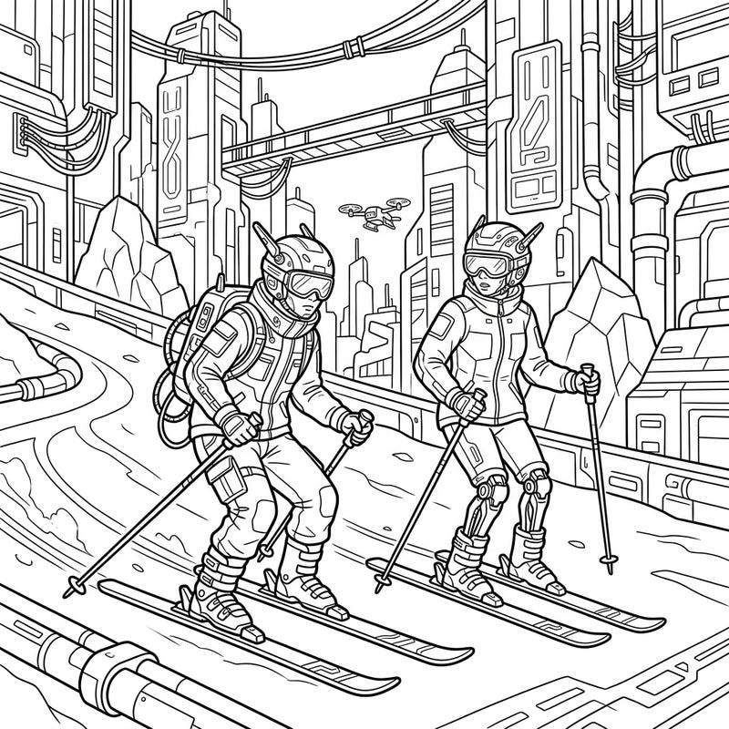 Gear up for a thrilling ride with our unique Cyberpunk Skiers coloring page. Explore a high-tech winter world where cutting-edge fashion meets the excitement of the slopes.