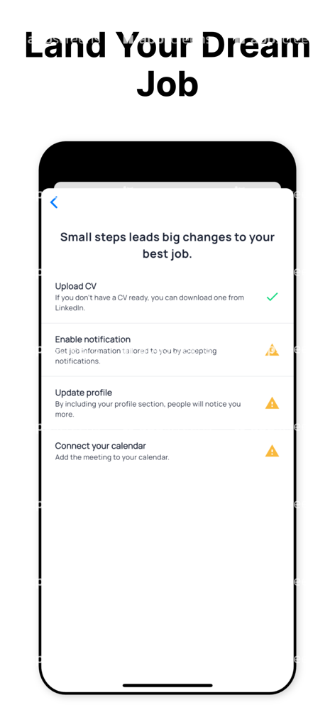 Lambda Global app onboarding screen showing a checklist for job search setup including CV upload and notification settings