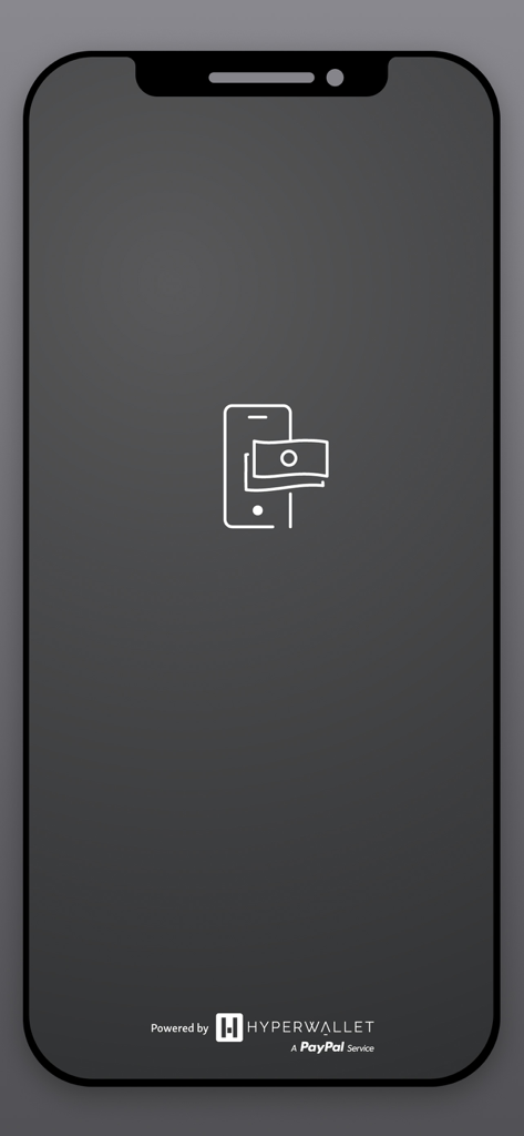 Tela de introdução do aplicativo móvel Payouts Hub mostrando as marcas Hyperwallet e PayPal em um fundo escuro