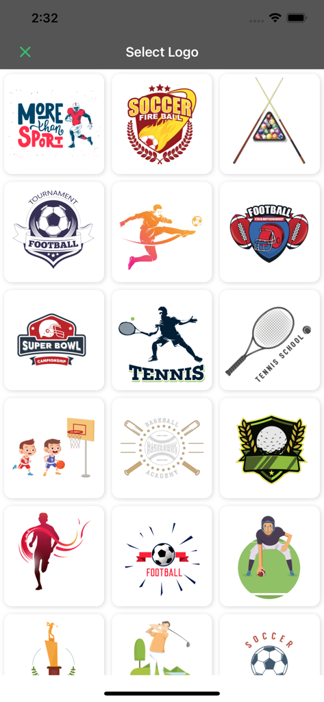 Create Logo~Make Your Own Logo - Un'interfaccia di app mobile che visualizza una griglia di modelli di logo sportivo, inclusi calcio, tennis e football.