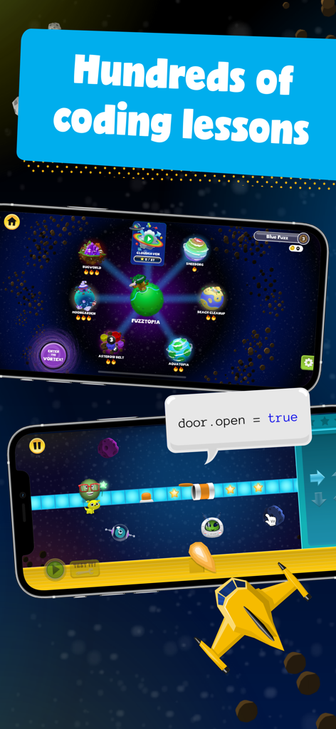 Kodable Basics app interface showing space themed coding levels and a gameplay scene with a line of code