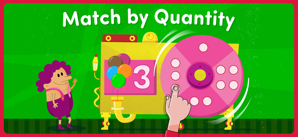 A educational game screen for toddlers showing a match by quantity exercise with a number three and a dot wheel