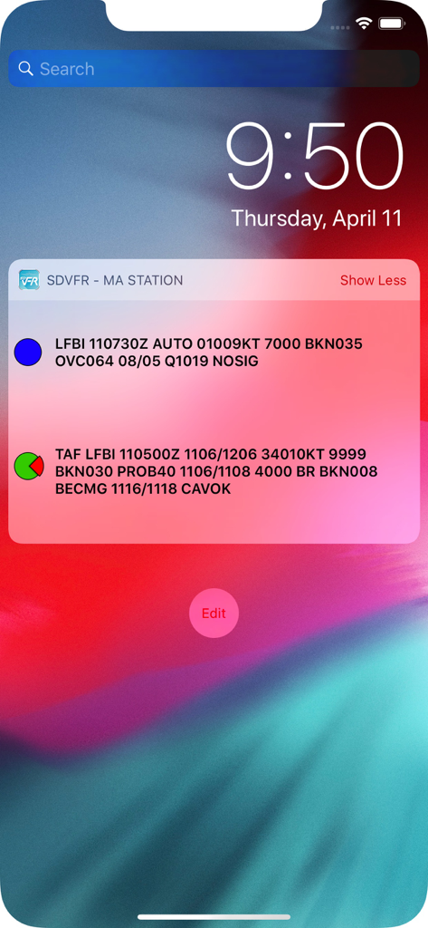 SDVFR - SDVFR aviation weather widget displaying METAR and TAF reports on an iPhone screen