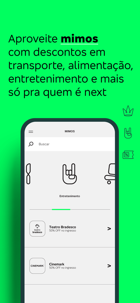 Interface do app de banco digital next mostrando recompensas e descontos exclusivos de entretenimento