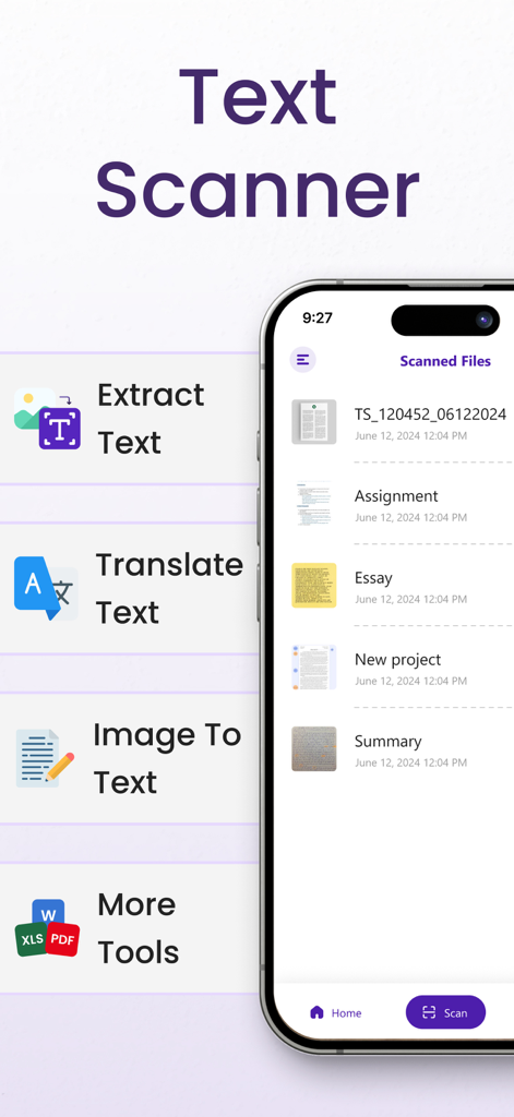 Oberfläche der Text Scanner OCR-App mit Funktionen wie Textextraktion und Übersetzung sowie einer Liste gescannter Dateien auf einem Smartphone