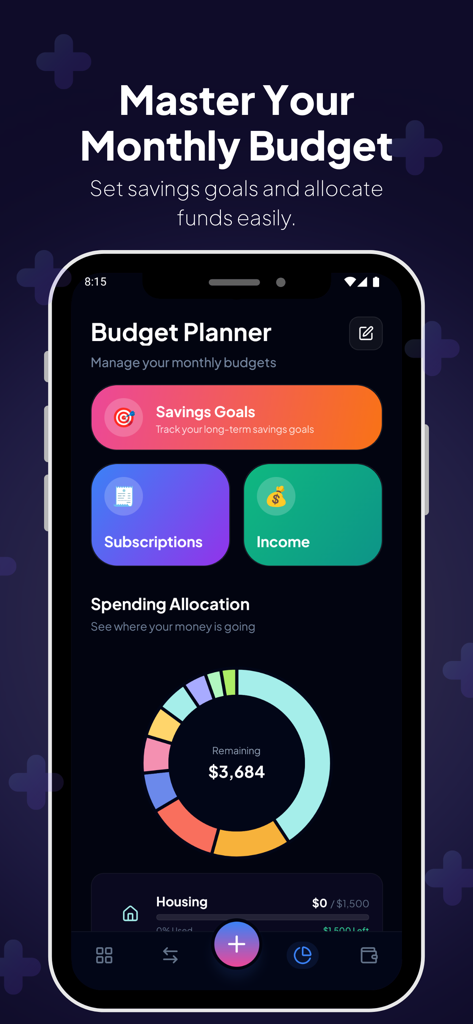 BudgetPal app dashboard displaying a spending allocation donut chart and quick access buttons for savings goals and subscriptions