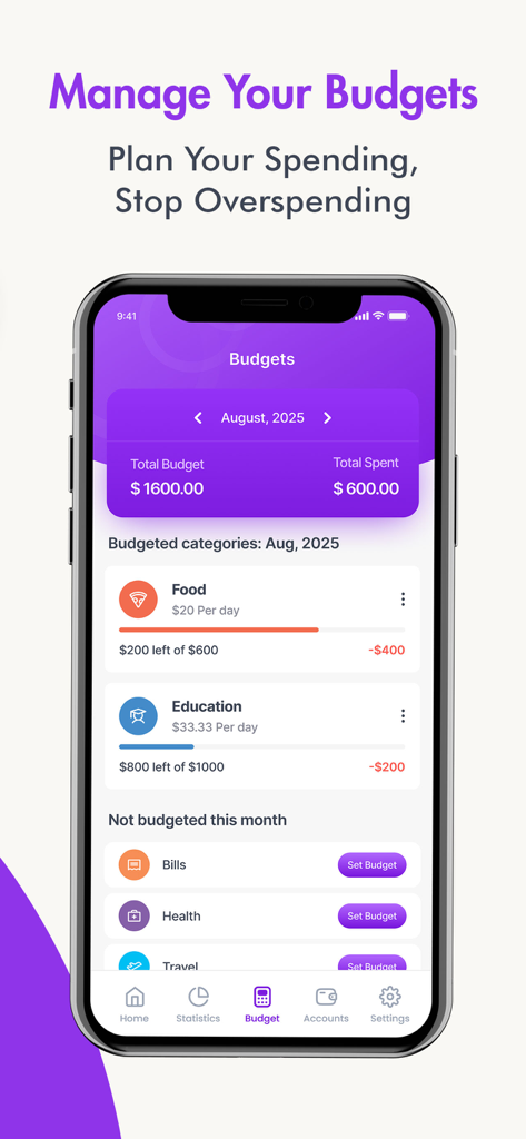 Money Manager: expense, budget - Budget management screen showing monthly spending limits and category tracking for food and education.