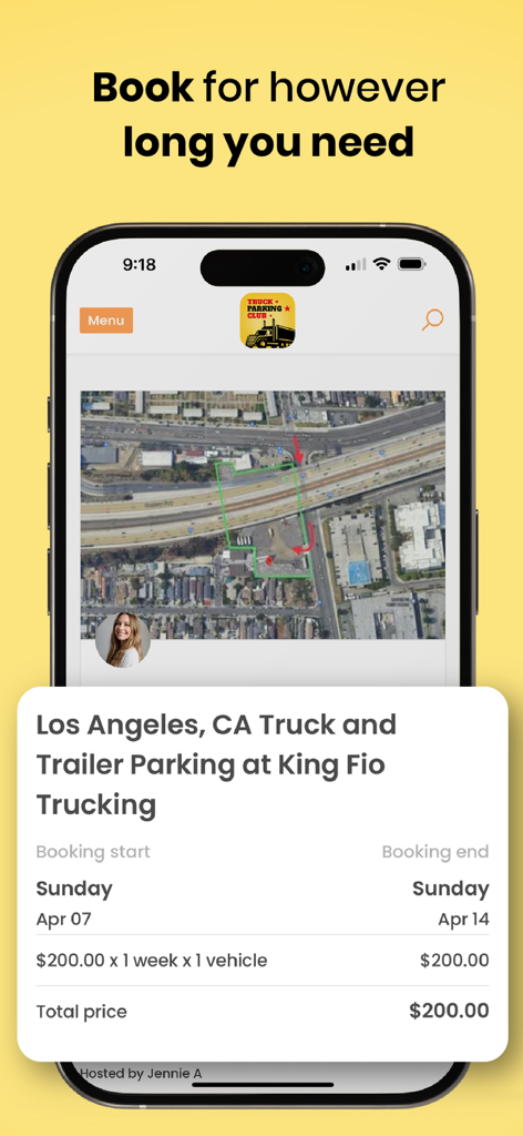 A screenshot of the Truck Parking Club app showing a weekly parking reservation in Los Angeles with pricing and map details