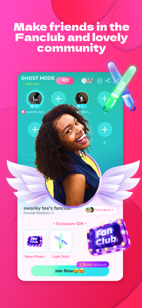 Boomlive app interface for joining a creator fanclub with virtual gifts