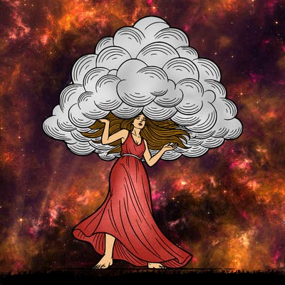 a realistic woman carrying a large cloud above her shoulders symbolizing emotional weight