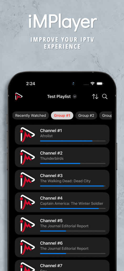 iMPlayer IPTV Player - A mobile interface of the iMPlayer IPTV app showing a list of channels and media content with progress bars.