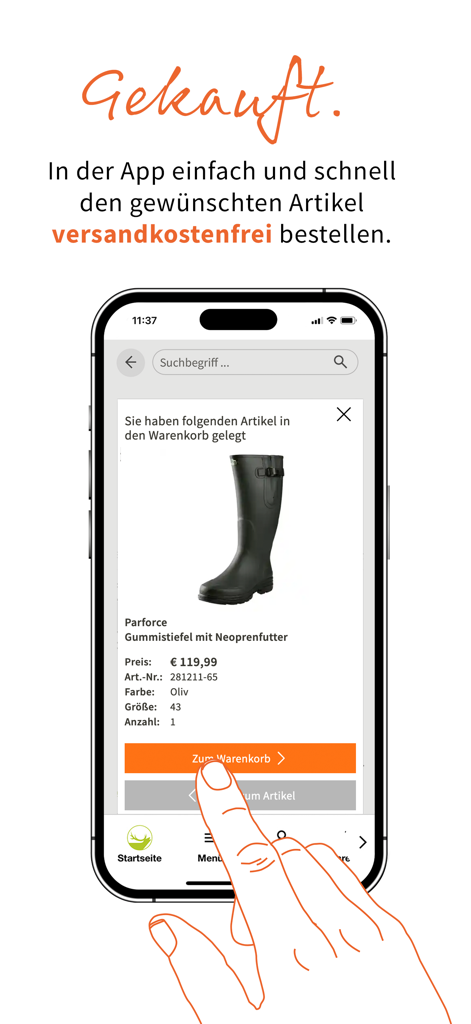 Frankonia - Online-Shop - Interface do aplicativo Frankonia mostrando botas de borracha Parforce adicionadas ao carrinho de compras com um aviso de frete grátis.