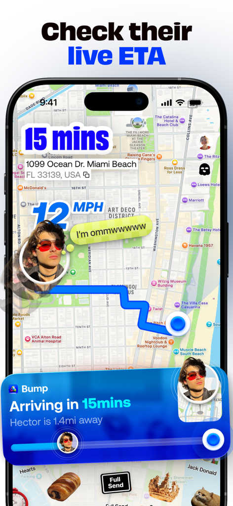 Real time map showing a friend's live location speed and estimated time of arrival on Bump