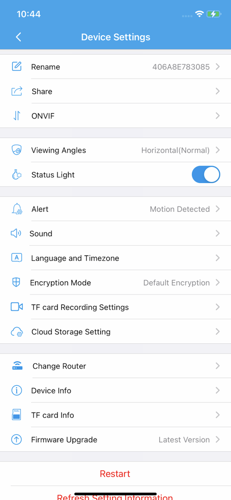 Menú de configuración de dispositivos de la aplicación 360Eyes que muestra opciones para alertas y almacenamiento