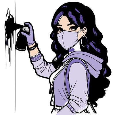 realistic girl with mask spray painting a wall