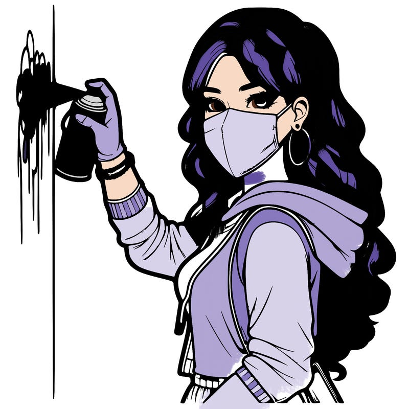 realistic girl with mask spray painting a wall