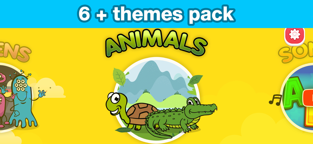 Theme selection screen in Baby coloring book for kids showing animal and alien packs