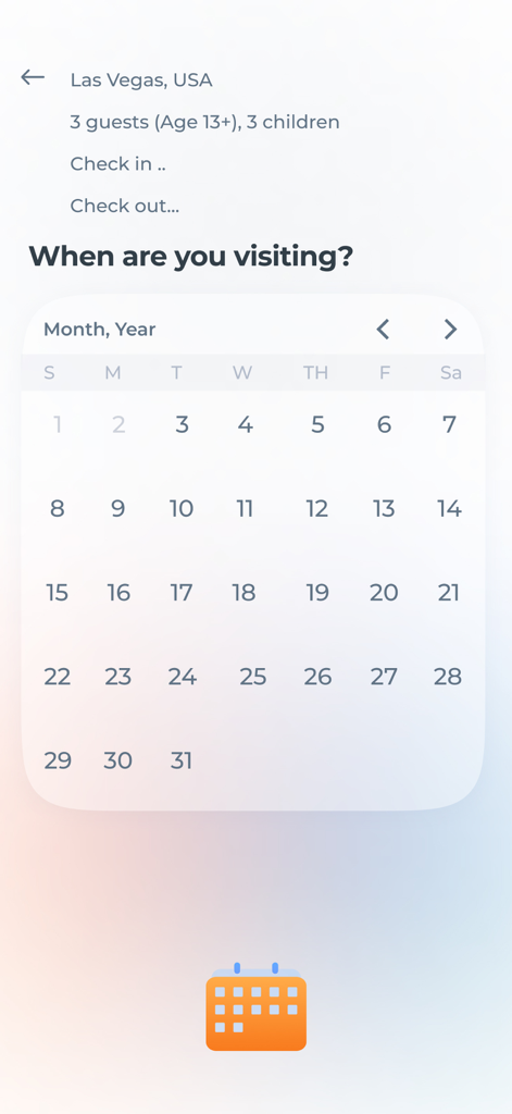 KEE by Otonomus app screen showing the calendar interface for selecting hotel check-in and check-out dates