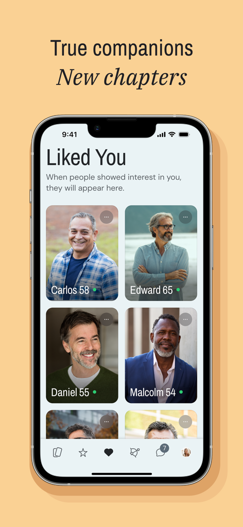 SilverSingles: 50+ Dating - SilverSingles app screen showing dating profiles of men over 50 in the Liked You section