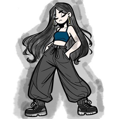 girl in baggy pants crop top and long hair