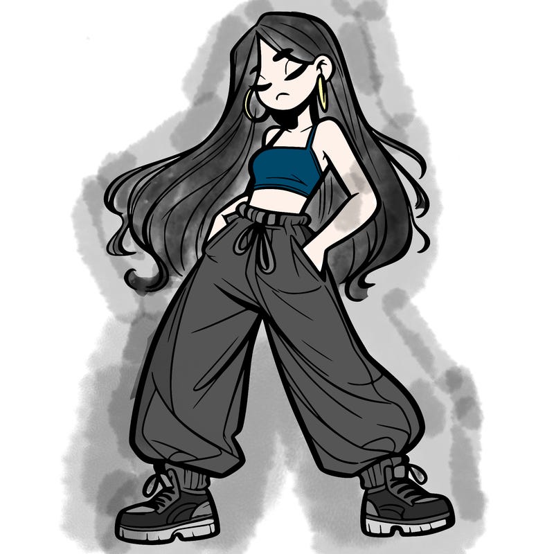 girl in baggy pants crop top and long hair