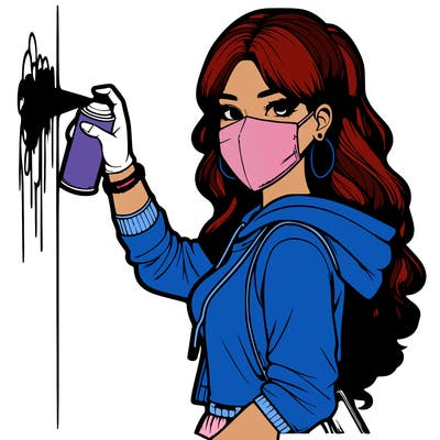 realistic girl with mask spray painting a wall