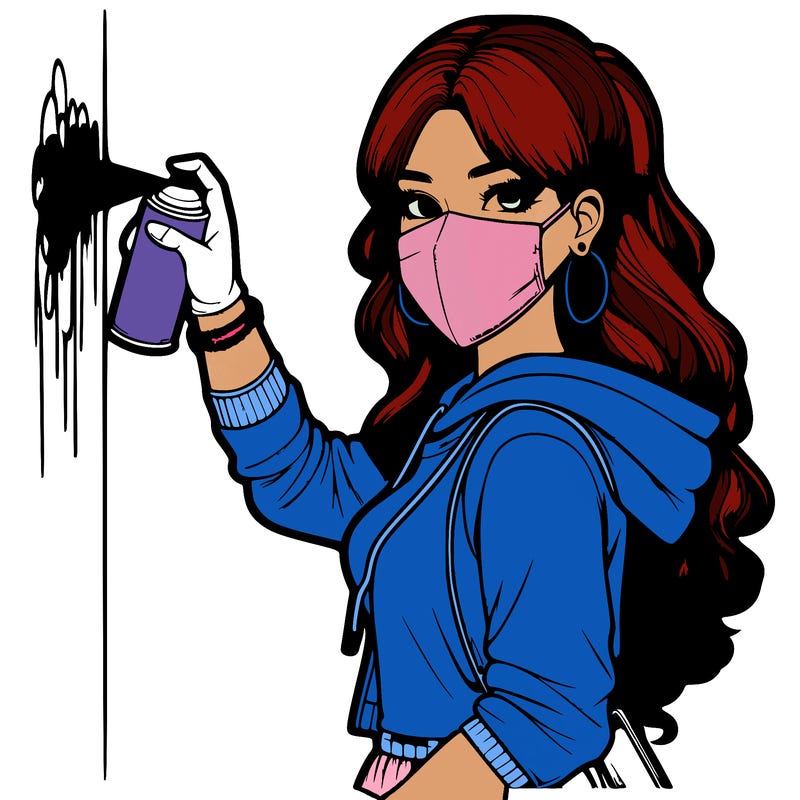 realistic girl with mask spray painting a wall