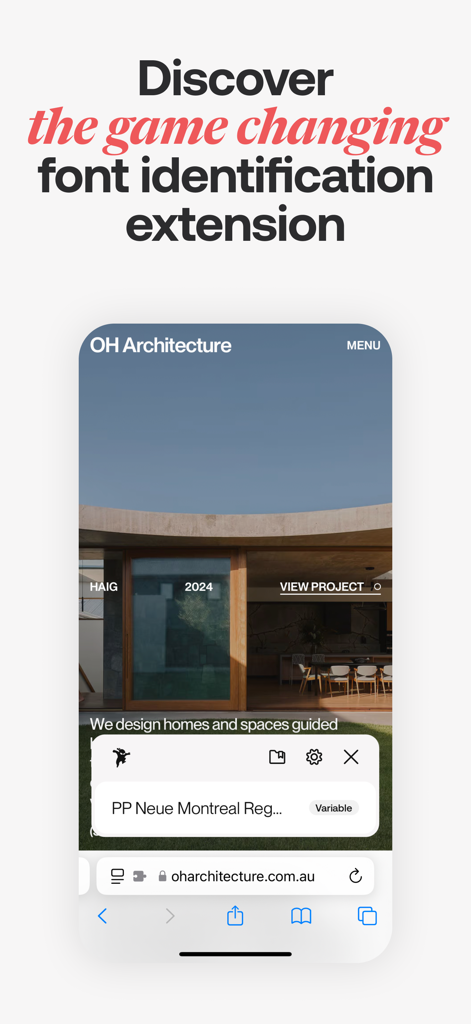 Fonts Ninja mobile extension identifying the PP Neue Montreal font on an architecture website