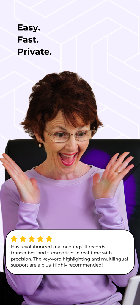 Instant AI Notes & Transcript - Happy woman user with a five star testimonial for the Instant AI Notes app