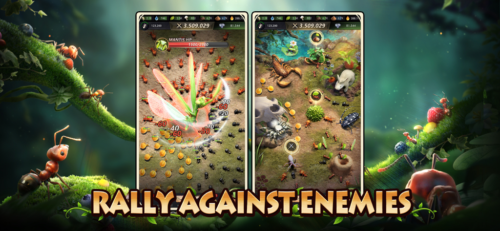 A gameplay screenshot showing an ant army attacking a large mantis in a nature strategy game
