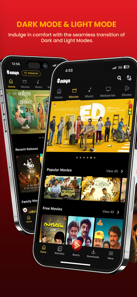 Saina Play app interface showcasing dark and light mode options for Malayalam movies