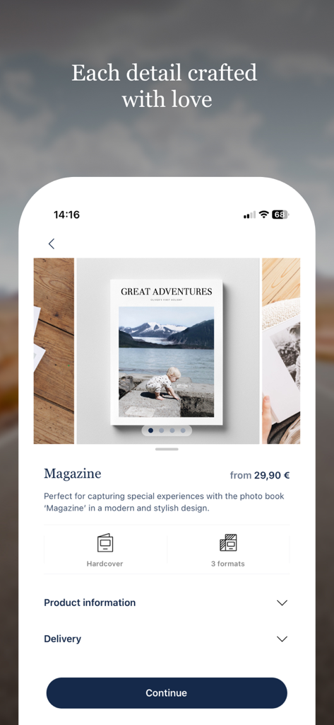 Rosemood: Photo Books & Prints - Uno screenshot della pagina del prodotto dell'app Rosemood per un album fotografico premium in stile rivista.