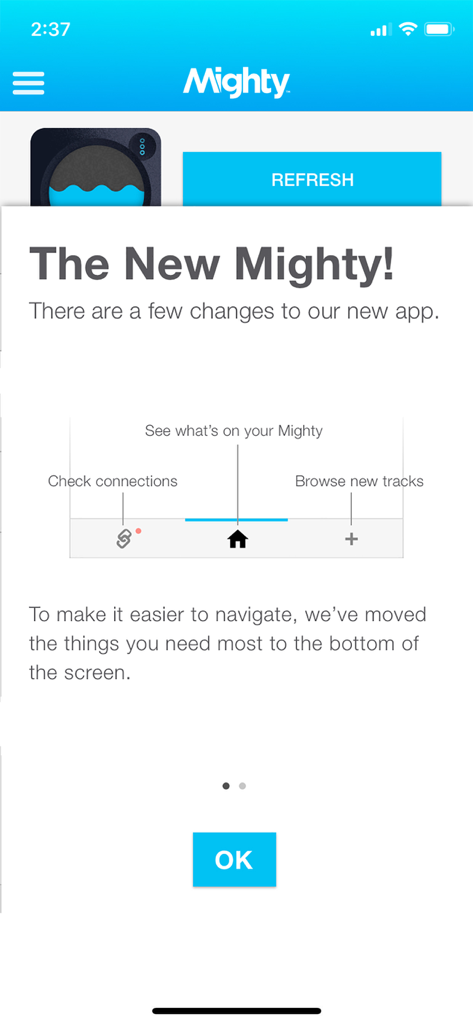 Mighty Audio - Mighty Audio app update screen explaining the new bottom navigation bar for easier navigation.