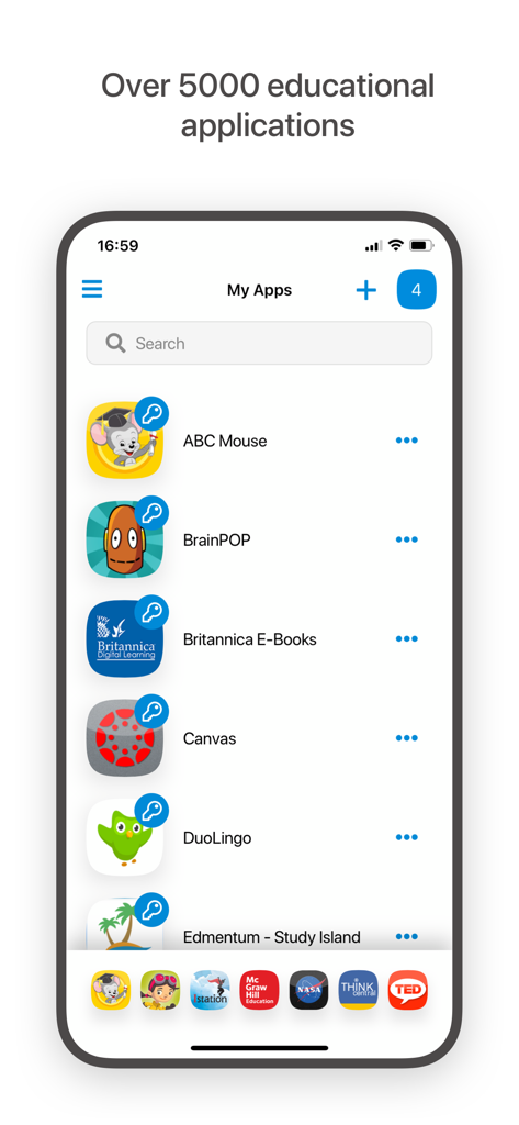 Mobile screen of ClassLink LaunchPad showing a list of integrated educational apps including ABC Mouse and BrainPOP
