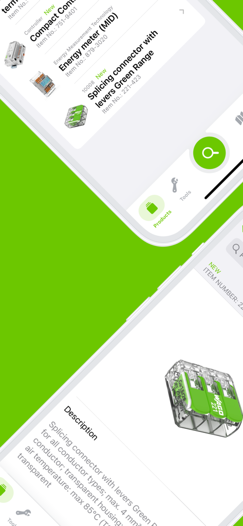 WAGO - Benutzeroberfläche der WAGO Mobil-App, die eine Liste von elektrischen Komponenten und detaillierte Informationen zu Verbindungsklemmen anzeigt.