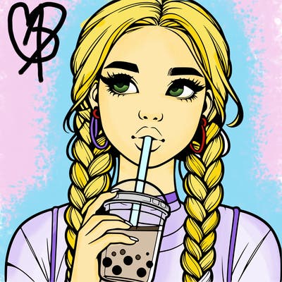 realistic girl with braided hair drinking boba