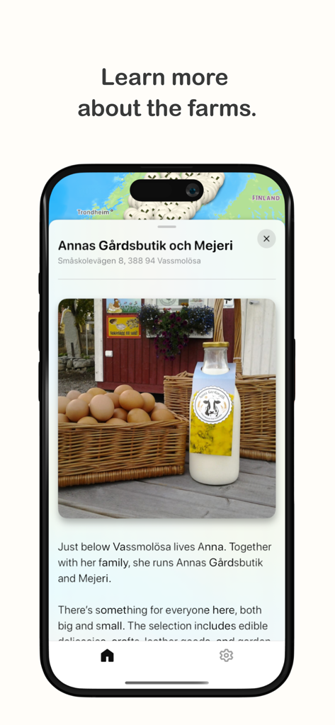 Screenshot of a Swedish farm shop profile in the app featuring local eggs and milk products