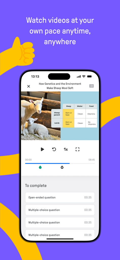 Edpuzzle - Interfaz de la aplicación Edpuzzle que muestra una lección en video de genética de ovejas a su propio ritmo con preguntas de cuestionario interactivas integradas.
