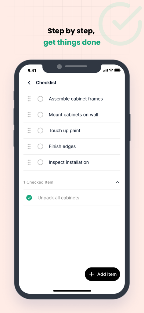 TaskTag: How to project. - TaskTag mobile app interface showing a construction project checklist with tasks like cabinet assembly and mounting