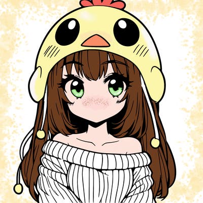 anime girl with chick shaped hat with sweater with bare shoulders with bangs covering them one eye with low tail