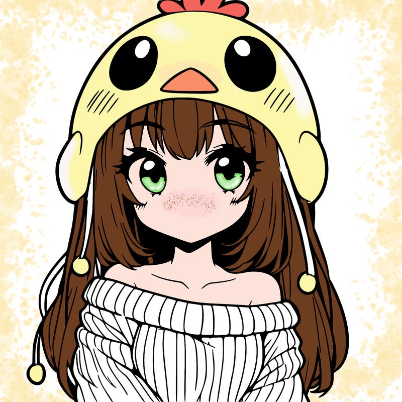 anime girl with chick shaped hat with sweater with bare shoulders with bangs covering them one eye with low tail