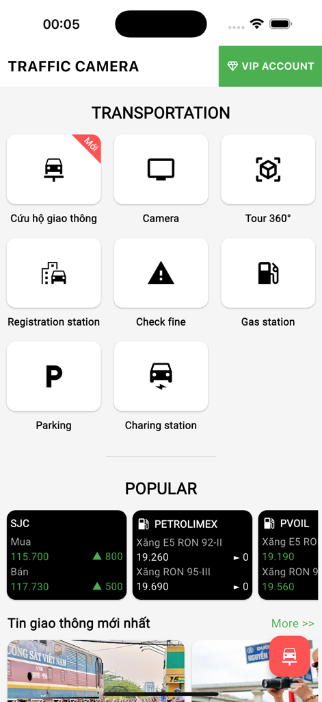 Traffic Camera VN - Main menu of the Traffic Camera VN app showing options for live cameras, traffic fines, registration stations, and gold and gas price widgets.