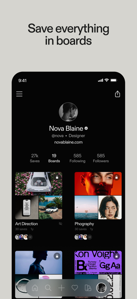 Savee — Inspiration for you - Uma captura de tela móvel do perfil de usuário do aplicativo Savee exibindo quadros de imagens curados para design e direção de arte