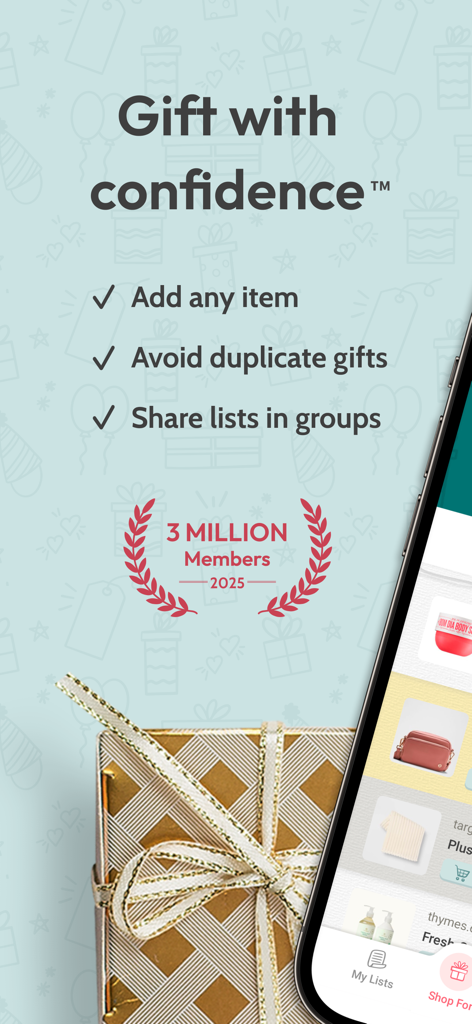 Introductory screen for Giftster app highlighting features like adding any item and avoiding duplicate gifts for family groups.